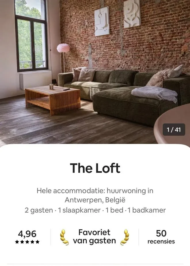 Airbnb listing The Loft, Antwerp: rated 4.96, guest favourite, 50 reviews
