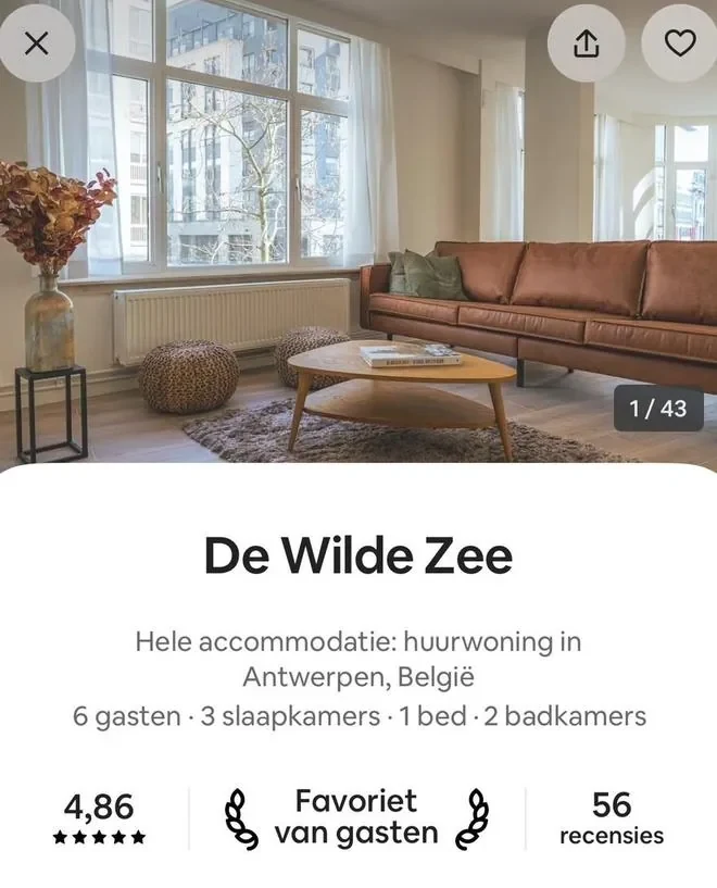 Airbnb listing De Wilde Zee, Antwerp: rated 4.86, guest favourite, 56 reviews