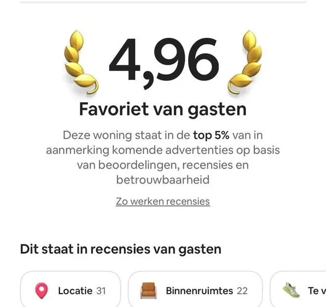 Airbnb rating 4.96, guest favourite, top 5% of listings