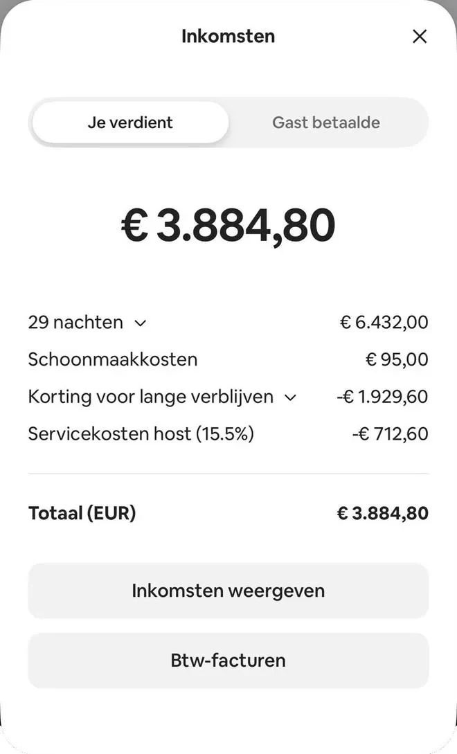 Airbnb payout screen: 29 nights, total €3,884.80