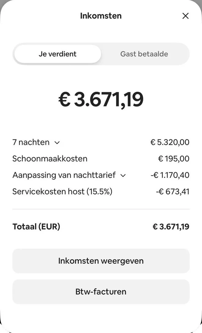 Airbnb payout screen: 7 nights, total €3,671.19
