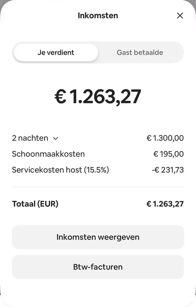 Airbnb payout screen: 2 nights, total €1,263.27